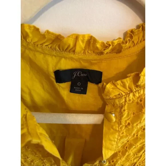 J.Crew Ruffle-Neck Eyelet Top Rich Gold K2215 Size 0 XS Yellow Long Sleeve - Picture 5 of 7
